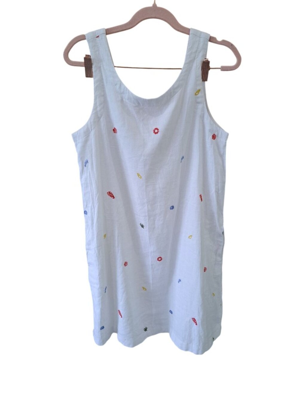 Linen Blend White Sleeveless Shift Dress Multicolor Embroidered Ocean C and C S